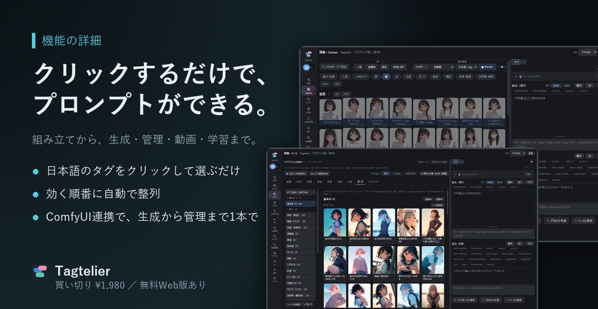 Tagtelierの画面。日本語のタグをクリックして選ぶだけでプロンプトが組み上がる