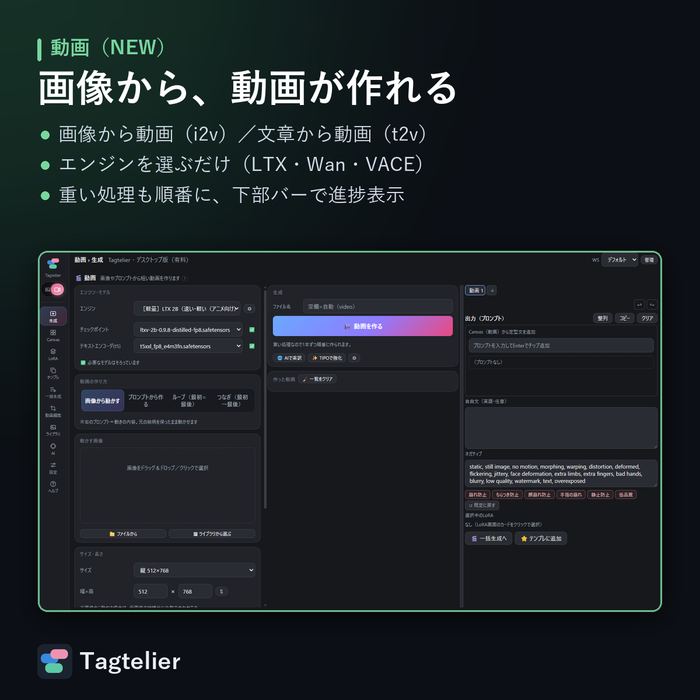 Tagtelierの動画生成画面