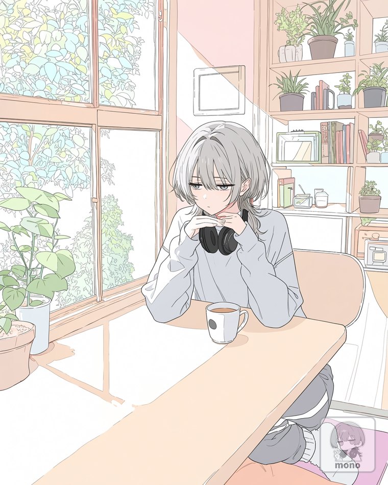 ローカル生成で作ったイラストの例。窓辺のカフェでくつろぐ人物