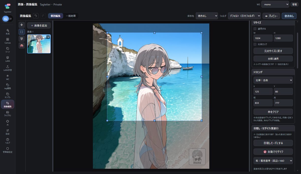 Tagtelierの画像編集画面。リサイズ・トリミング・目隠しなどの設定が並ぶ